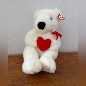 1997 TY Beanie Buddy “Romeo” White Valentines Bear with Red Heart
